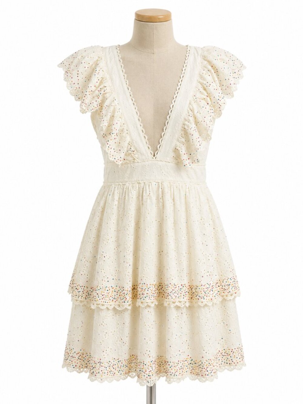 Farm Rio Eyelet Mini Dress Off White Ruffle Tiered S